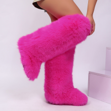Rose Red Knee High Snow Boots Women Warm Faux Fox Fur Lined Y2K Boots