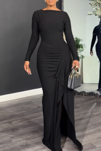 Black Elegant Solid Color High Slit O Neck Evening Dresses