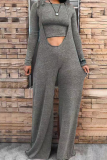 Dark Gray Casual Solid Color Strap Design Spaghetti Strap Long Sleeve Two Pieces