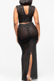 Black Sexy Solid Color Hot Drill Half A Turtleneck Sleeveless Two Pieces