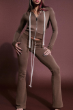 Blue Casual Solid Color Draw String Hooded Long Sleeve Two Pieces