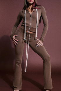 Brown Casual Solid Color Draw String Hooded Long Sleeve Two Pieces
