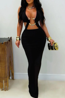 Black Sexy Solid Color Metal Accessories Trim Halter Long Dresses