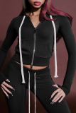 Blue Casual Solid Color Draw String Hooded Long Sleeve Two Pieces