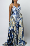 White Blue Elegant Tie Dye Contrast Halter Long Dresses