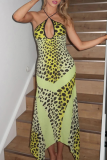 Yellow Sexy Print Backless Halter Irregular Dresses