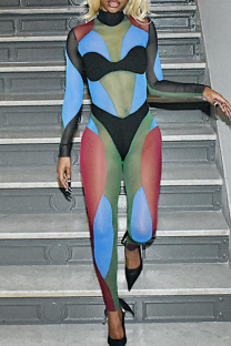 Colour Casual Solid Color Contrast Turtleneck Skinny Jumpsuits