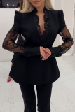 Black Lace Paneled Waistcoat Coat Elegant Office Fashion Blazer