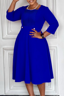 Royal Blue Elegant Solid Color Pleated Square Neck A Line Dresses