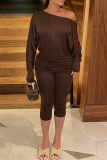Brown Casual Solid Color Patchwork Oblique Collar Long Sleeve Two Pieces