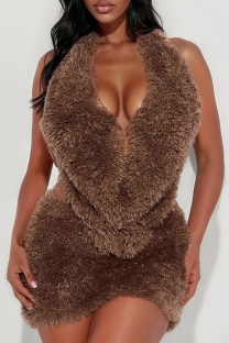 Brown Sexy Solid Color Backless Halter Sleeveless Two Pieces
