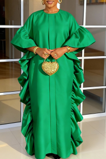 Green Casual Solid Color Flounce O Neck Long Dresses