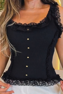 Black Lace Paneled Waist Top Retro Court Style Slim Blouse