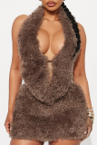Brown Sexy Solid Color Backless Halter Sleeveless Two Pieces