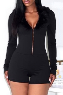 Black Sexy Solid Color Fluffy V Neck Skinny Rompers