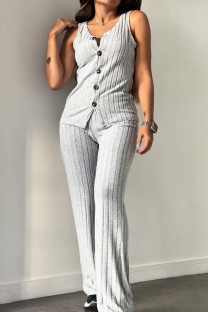 Grey Casual Solid Color Buckle V Neck Sleeveless Two Pieces