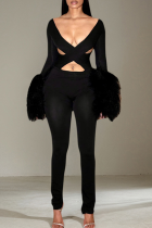Black Sexy Solid Color Hollow Out V Neck Skinny Jumpsuits