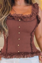 Brown Lace Paneled Waist Top Retro Court Style Slim Blouse