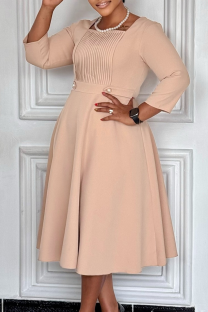 Apricot Elegant Solid Color Pleated Square Neck A Line Dresses