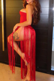 Red Sexy Solid Color Fringed Trim Strapless Skinny Bodysuits