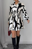 White Casual Print Buckle Turndown Collar Shirt Dresses