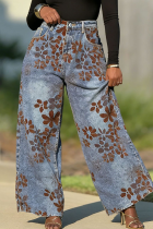 Blue Casual Flowers Contrast Mid Waist Loose Denim Jeans
