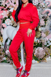 Red Casual Solid Color Patchwork Hooded Long Sleeve Two Pieces