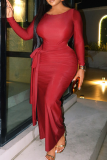 Red Elegant Solid Color Strap Design O Neck Long Dresses
