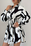 White Casual Print Buckle Turndown Collar Shirt Dresses