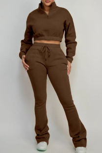 Brown Casual Solid Color Zipper Zipper Collar Long Sleeve Two Pieces