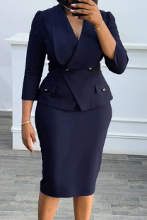 Tibetan Blue Elegant Solid Color Buckle Turndown Collar Wrapped Skirt Dresses