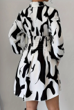 White Casual Print Buckle Turndown Collar Shirt Dresses