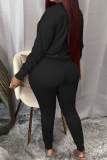 Black Casual Solid Color Draw String O Neck Long Sleeve Two Pieces