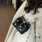 Black Quilted Embellished Bucket Bag Drawstring Chain Crossbody