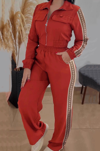 Brick Red Casual Solid Color Webbing Zipper Collar Long Sleeve Two Pieces