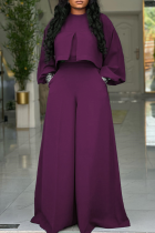 Purple Vintage Lantern Sleeve Crop Top Wide Leg Pants 2 Piece Set
