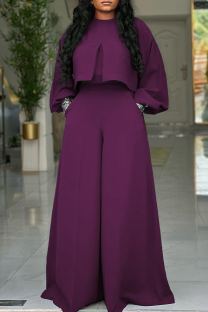 Purple Vintage Lantern Sleeve Crop Top Wide Leg Pants 2 Piece Set