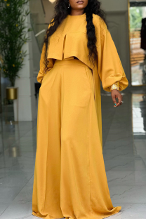 Yellow Vintage Lantern Sleeve Crop Top Wide Leg Pants 2 Piece Set