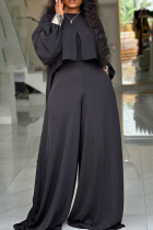 Black Vintage Lantern Sleeve Crop Top Wide Leg Pants 2 Piece Set