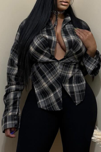 Black Y2K Deep V Plaid Shirt Oversized Asymmetric Design Casual Top