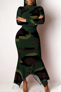 Green Casual Camouflage Print Irregular Irregular Hem O Neck Irregular Dresses