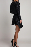 Black Y2K Sequin Long Sleeve Dress Ruched Ruffle Party Mini Dress