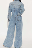 Light Blue Denim Shirt Jumpsuit Loose Wide Leg Long Sleeve Casual Workwear One Piece