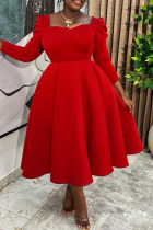 Red Square Neck Puff Sleeve Dress Waist Cinched Flared Retro Midi Dress