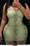 Green Bandeau Snake Print Dress Waist Cinched Bodycon Sexy Mini Party Gown