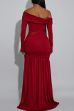 Black Off Shoulder Mesh Panel Dress Ruched Slit Slim Maxi Elegant Evening Gown