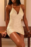 Apricot Halter Neck Fringe Dress Bodycon Waist-Cinched Figure Flattering Party Mini Dress