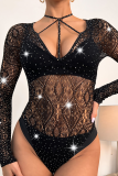 Black Choker Neck Lace Bodysuit Sparkle Sheer Long Sleeve Sexy Slim Fit One Piece