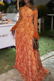 Tangerine Red Geometric Print Off Shoulder Maxi Dress Flared Sleeve Bodycon Train Dress