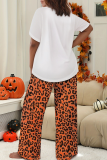Brown Halloween Print Tee & Leopard Pants Two Piece Set Casual Comfort Holiday Loungewear